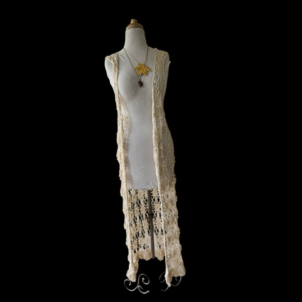 Vtg Krochetta Ivory Long Floral Crochet Duster Vest Sz L Boho Festi 90s Y2k